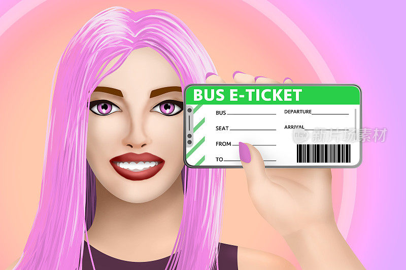 概念巴士电子票(electronic ticket)。在生动的背景上画了一个漂亮的女孩。插图